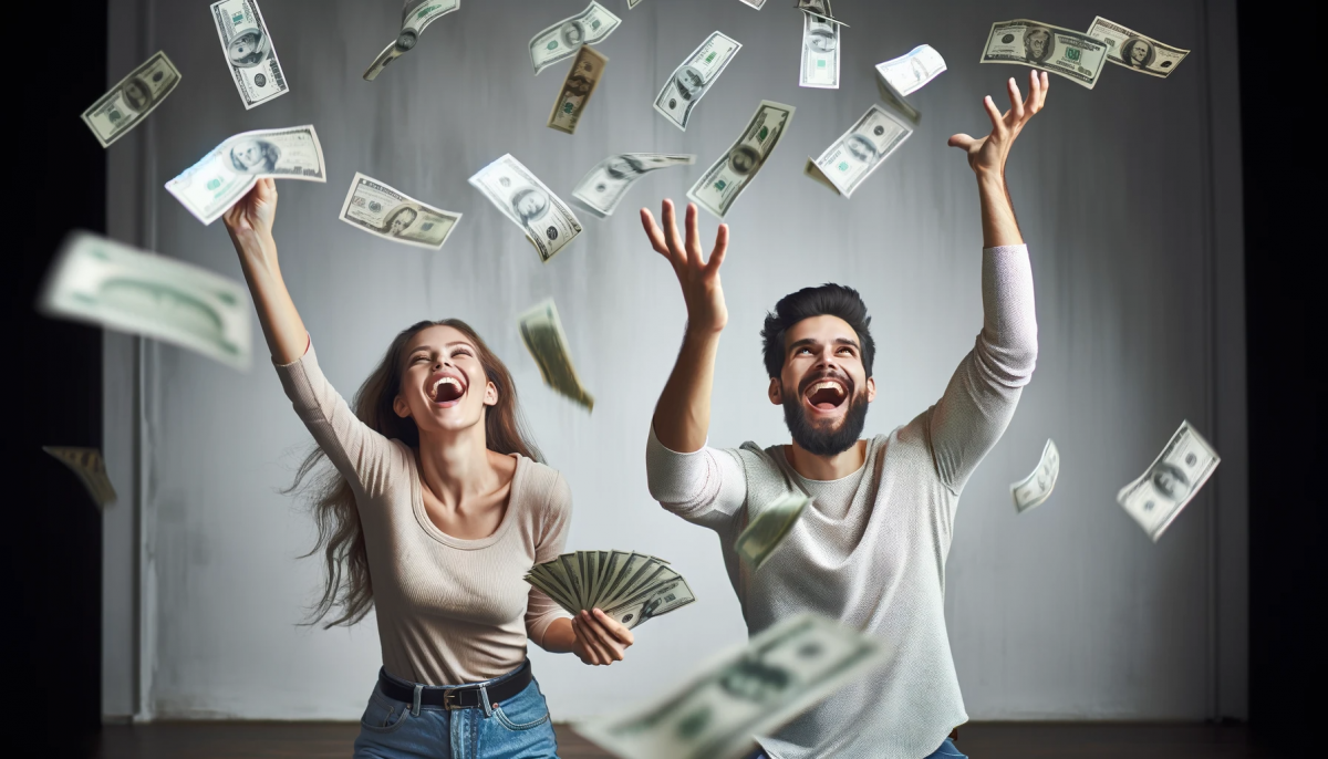 Een man en een vrouw gooien met bankbiljetten die door de lucht dwarrelen